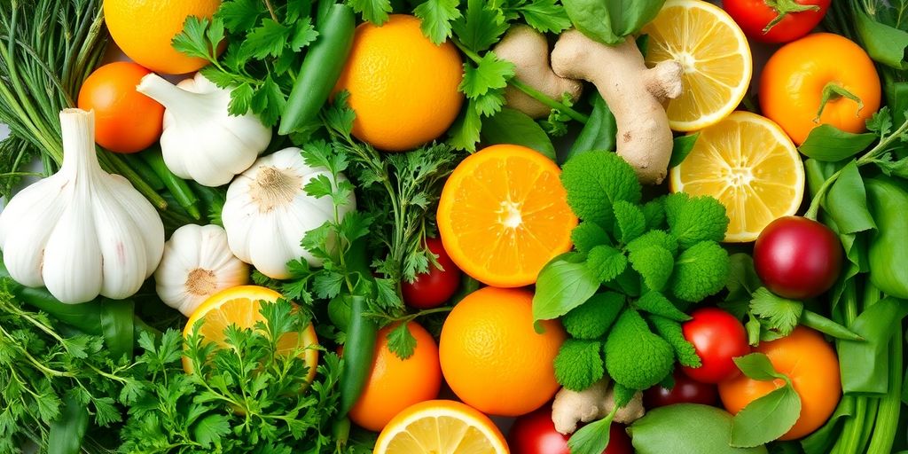 Fresh herbs and fruits for boosting immune system health.