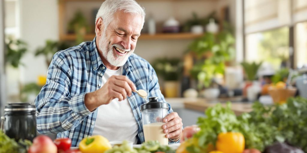 Senior man mixing whey protein with fresh fruits.