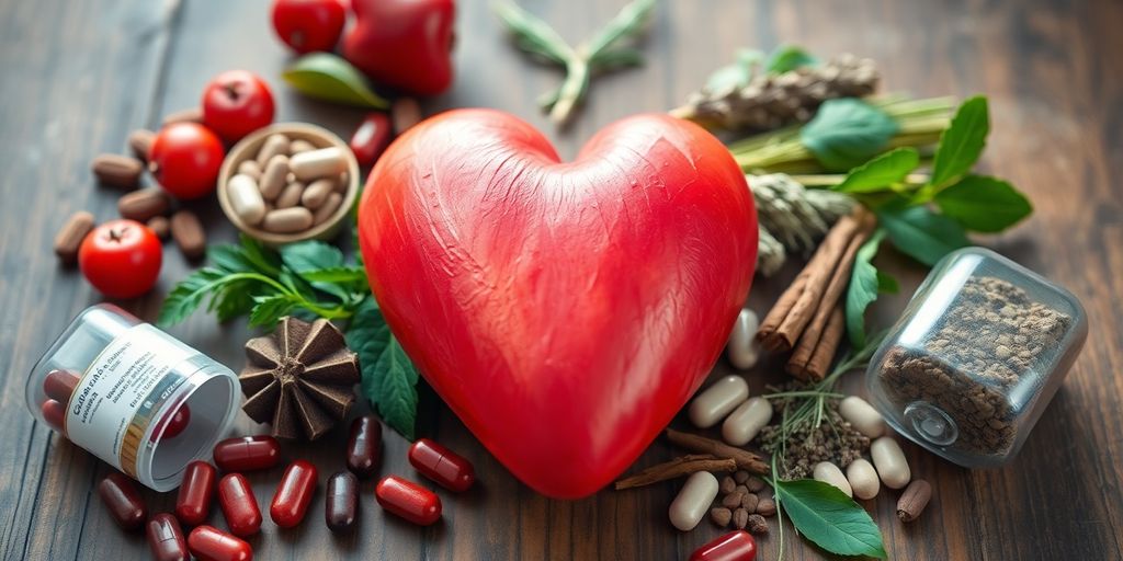 Colorful heart health supplements on a wooden surface.