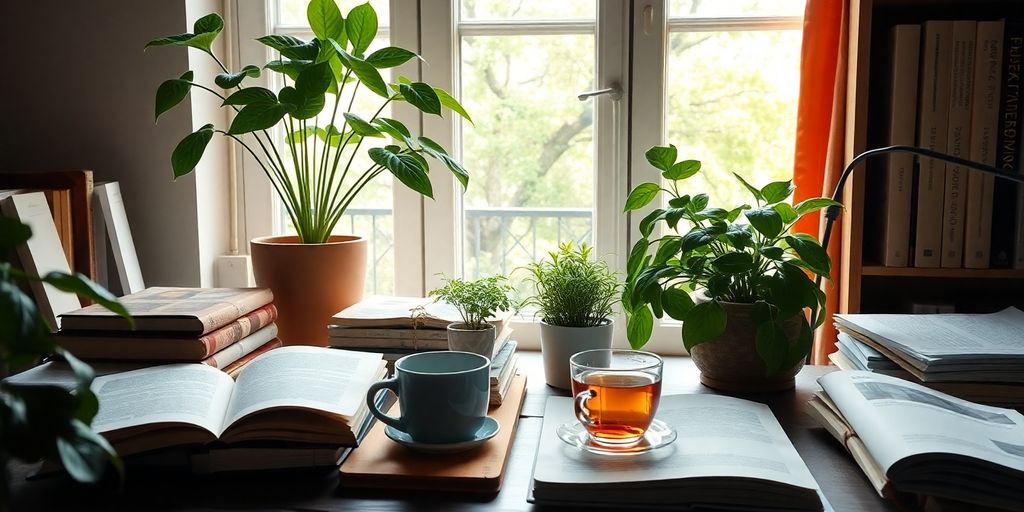 A peaceful workspace with books and plants for concentration.