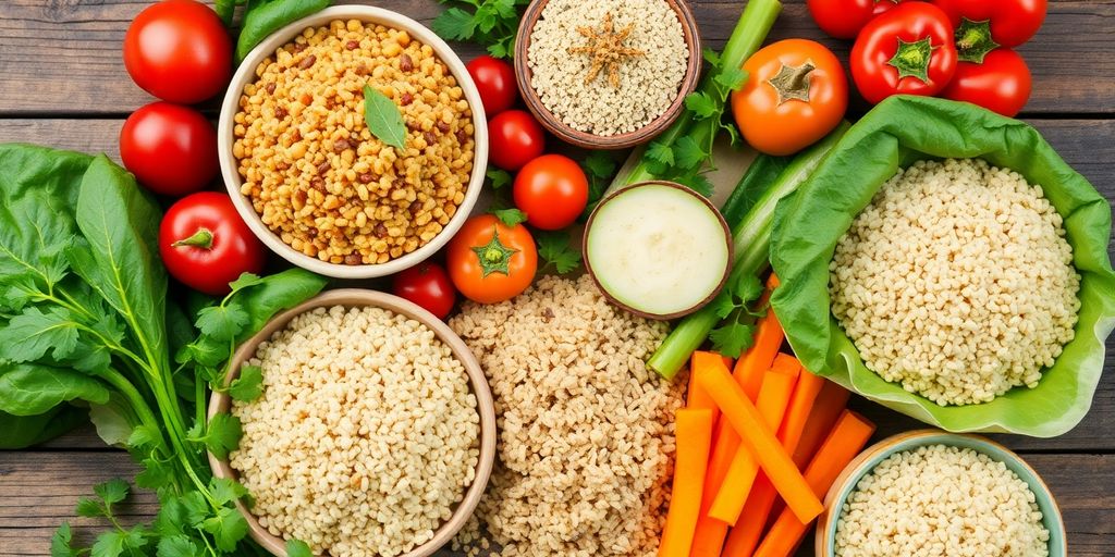 Colorful gluten-friendly foods on a wooden table.