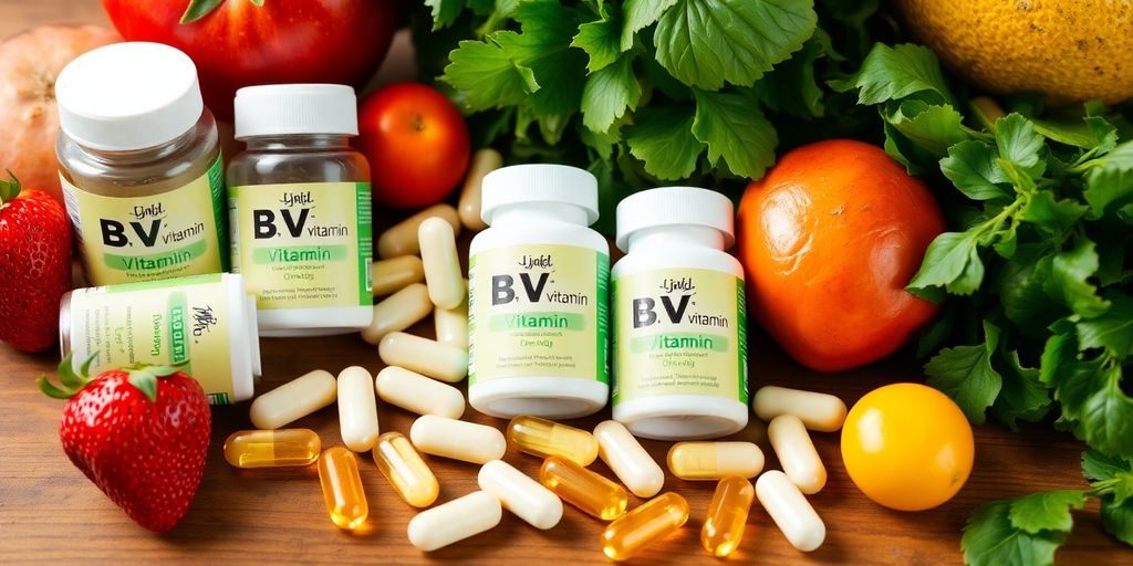 B vitamin supplements with fruits and greens on a table.