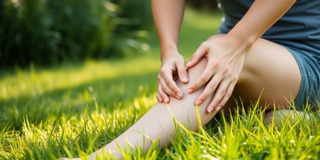 Person massaging swollen knee in a peaceful outdoor setting.