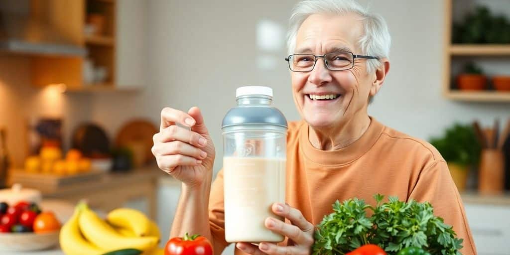 Senior holding a protein shaker in a bright kitchen.