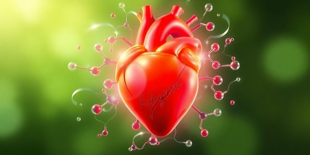 Heart with L-Arginine molecules in a green background.