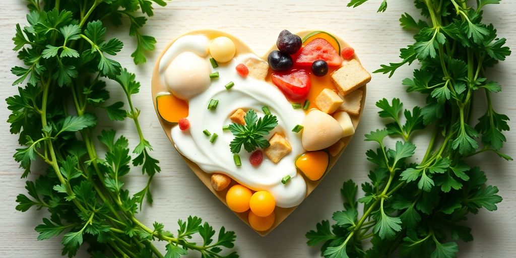 Heart shape made of probiotic foods and herbs.