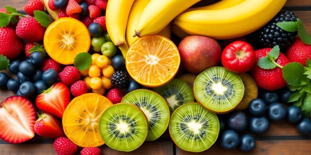 Fresh fruits promoting gut health on a wooden table.