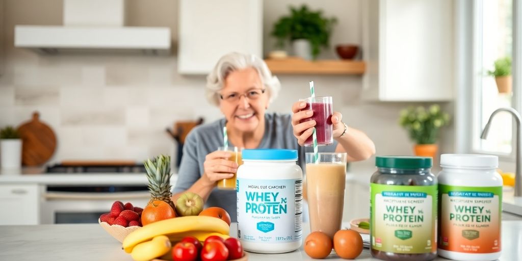 Seniors enjoying whey protein smoothies in a bright kitchen.