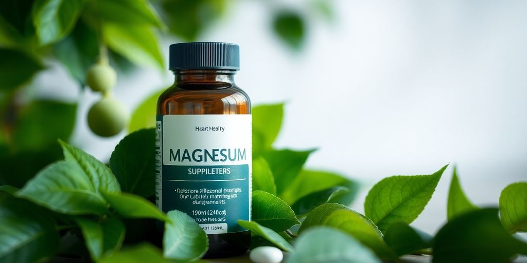 Magnesium supplements with green leaves for heart health.