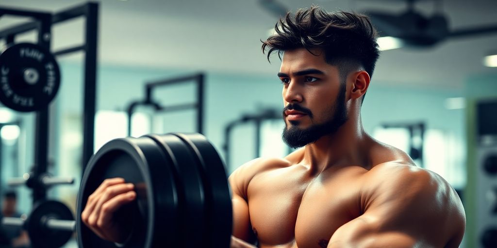 Person lifting weights in a bright gym environment.