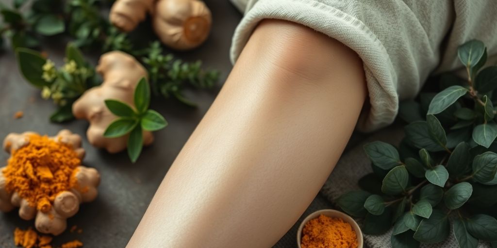 Natural remedies for knee pain with herbs and compress.