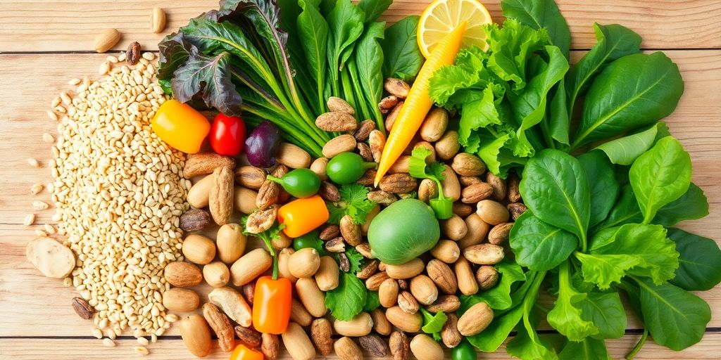 Colorful display of B vitamin foods on a table.