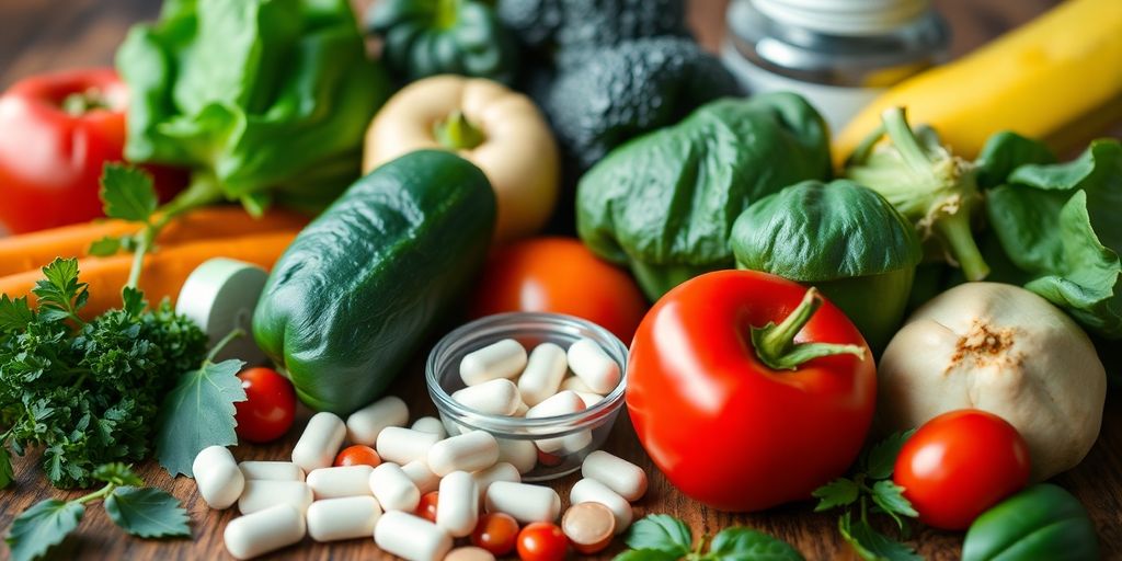 Healthy vegetables and supplements for heart health.